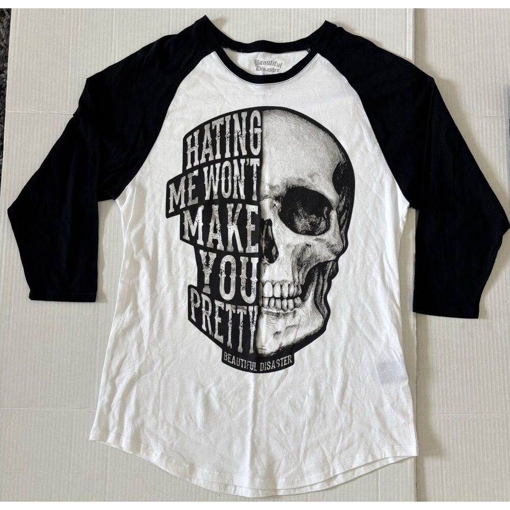 Beautiful Disaster Womens XL Skull Graphic Raglan 3/4 Sleeve Shirt Black White